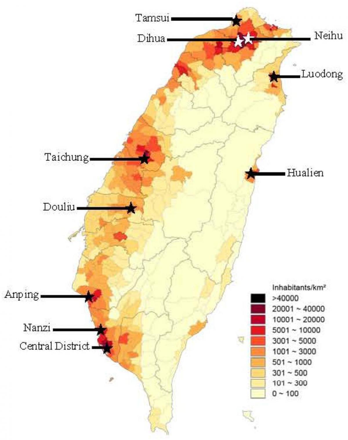 Taiwanin väestö kartta - Taiwanin väestöntiheys kartta (Itä-Aasia - Aasia)